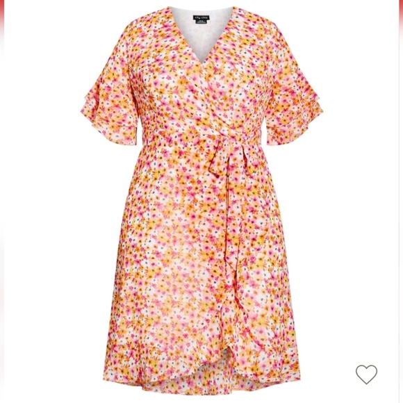 City Chic delicate mock wrap dress pink pansy ditsy print plus‎ size 16W new!! - Picture 12 of 12